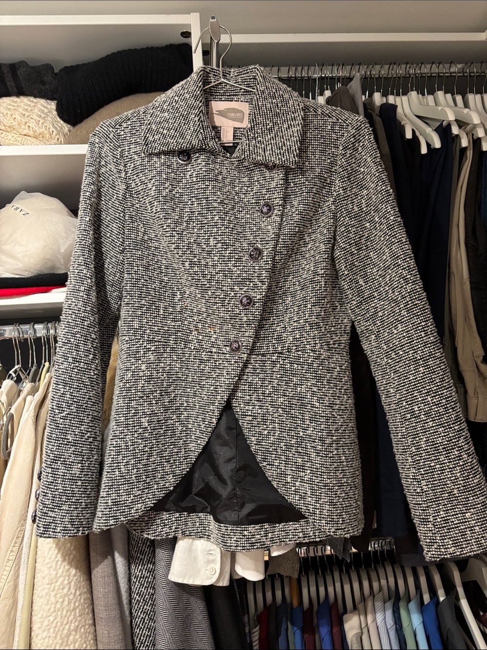 Forever 21 Black and White Tweed Asymmetrical Blazer